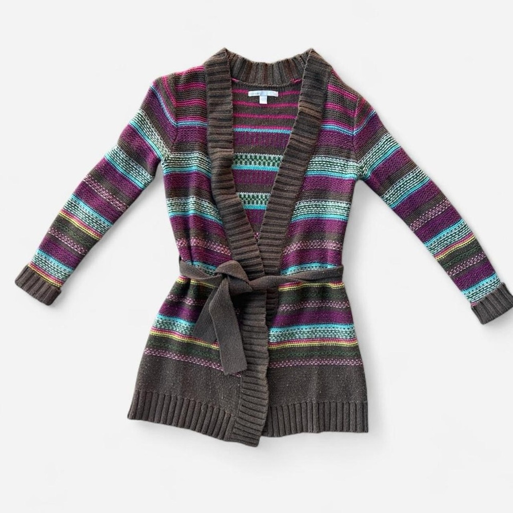 VTG Granolagirl Indie Knit Chocolate Brown Cardigan Multicolor Stripe Boho